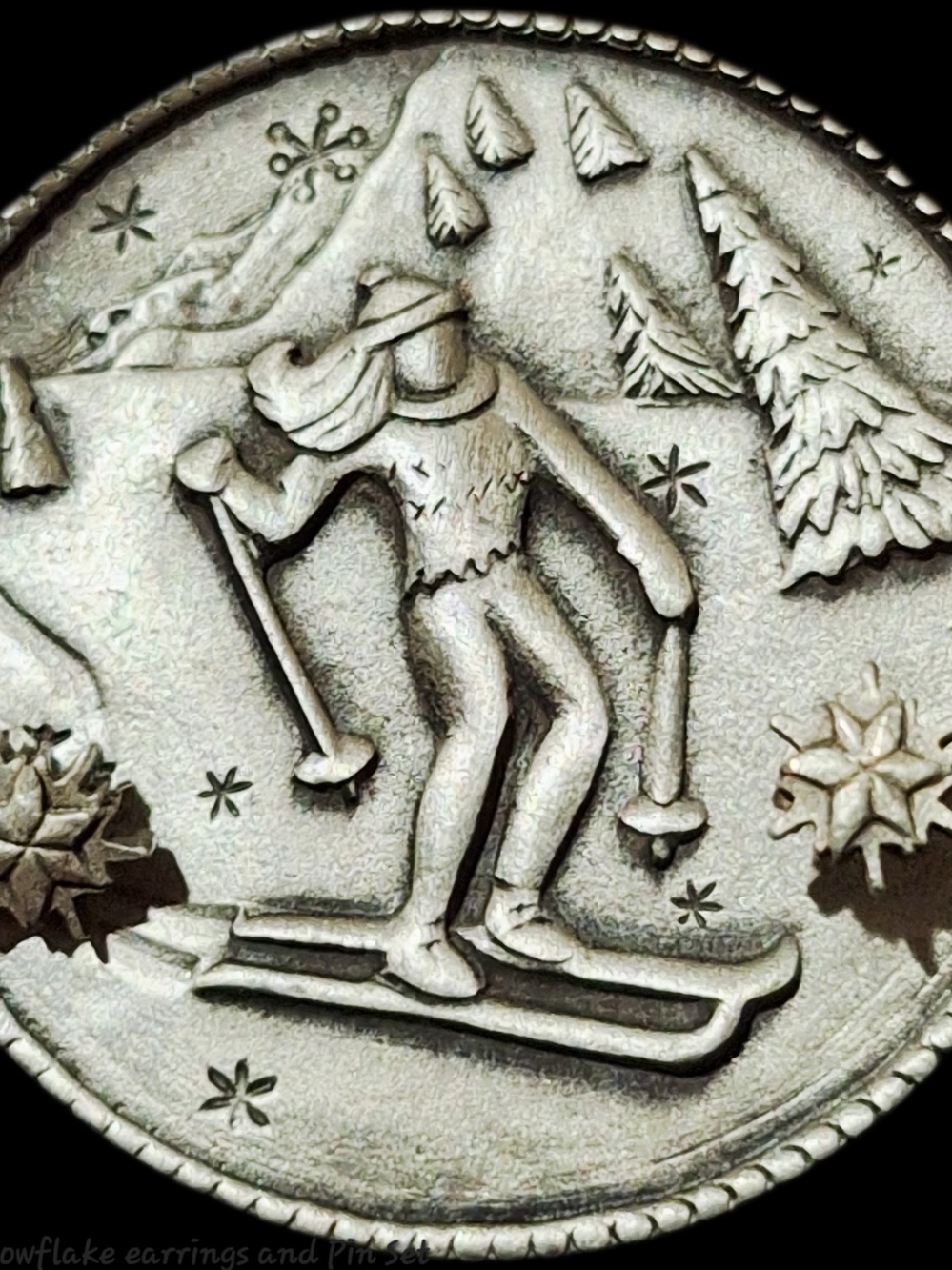 Vintage Ms. Dee Pewter Skier Brooch & Removable Snowflake Earrings Set